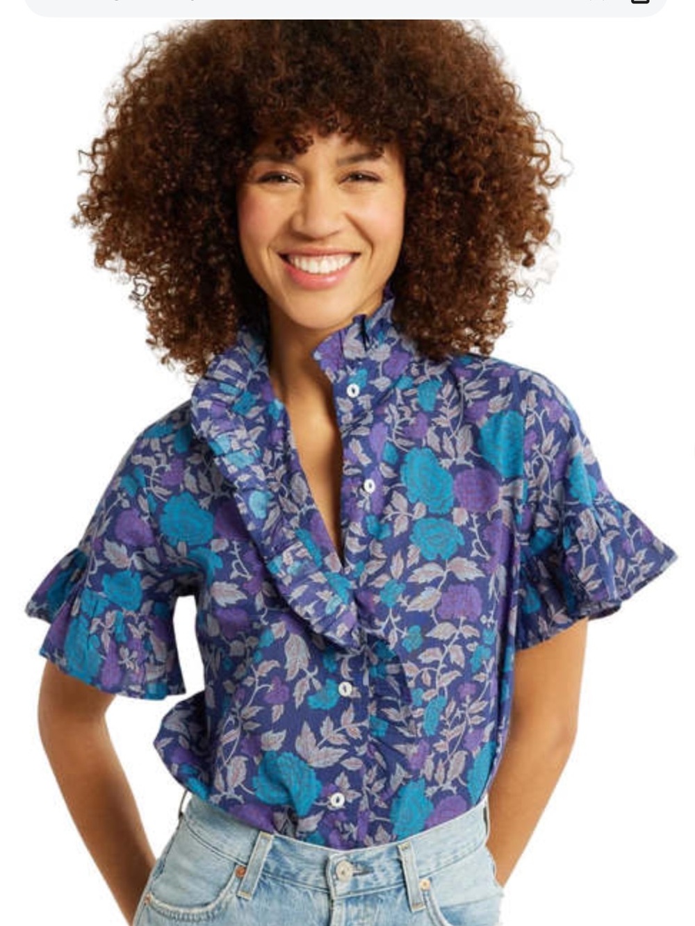 MILLIE floral Ruffle Button-Front Blouse in Purple and Teal